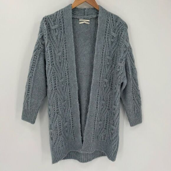 Anthropologie Nuria Cable Knit Cardigan Sweater Blue Women XS Petite Cozy Fuzzy - Picture 6 of 11